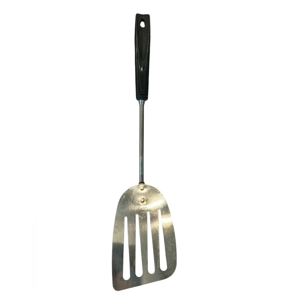 Vintage Ekco Keyhole Slotted Spatula USA Metal Chrome Black Handle 13